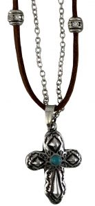 18" leather necklace with silver beads and chain with a cross charm